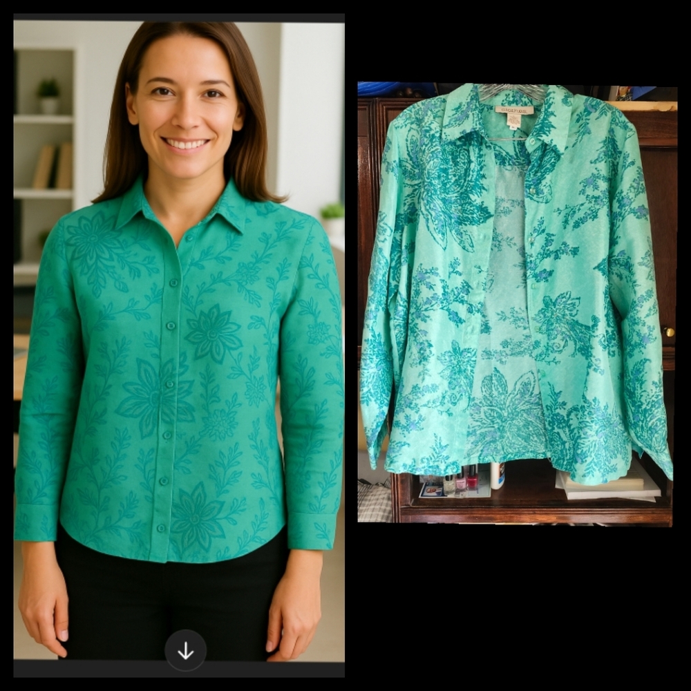 Vintage C.L.O.T.H.E.S brand 100% silk Teal button down  top Size  Large•